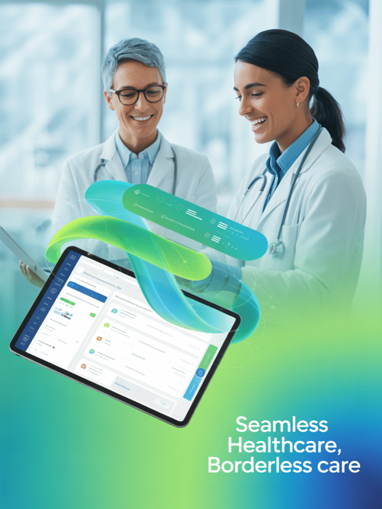 Doctors reviewing cross-border patient data securely on digital devices, symbolizing HIPAA-compliant healthcare BPO services for Canadian providers supporting U.S. patients.